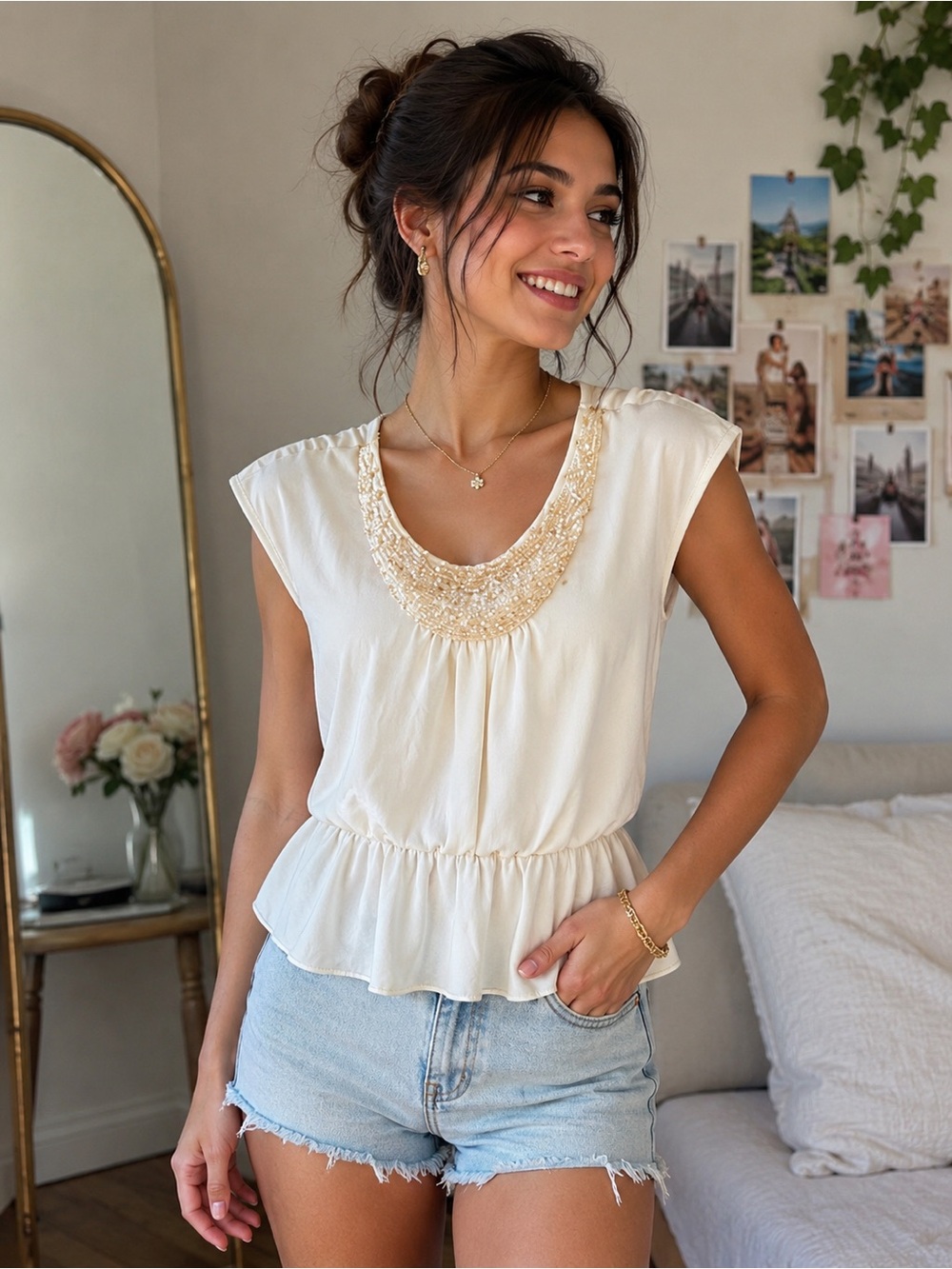 Sleeveless top with beaded collar